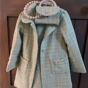 Rachel Zoe Girls' Mint Green Tweed Pea Coat with Pearl Trim